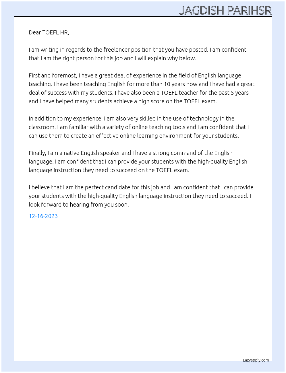 freelancer At TOEFL Cover Letter