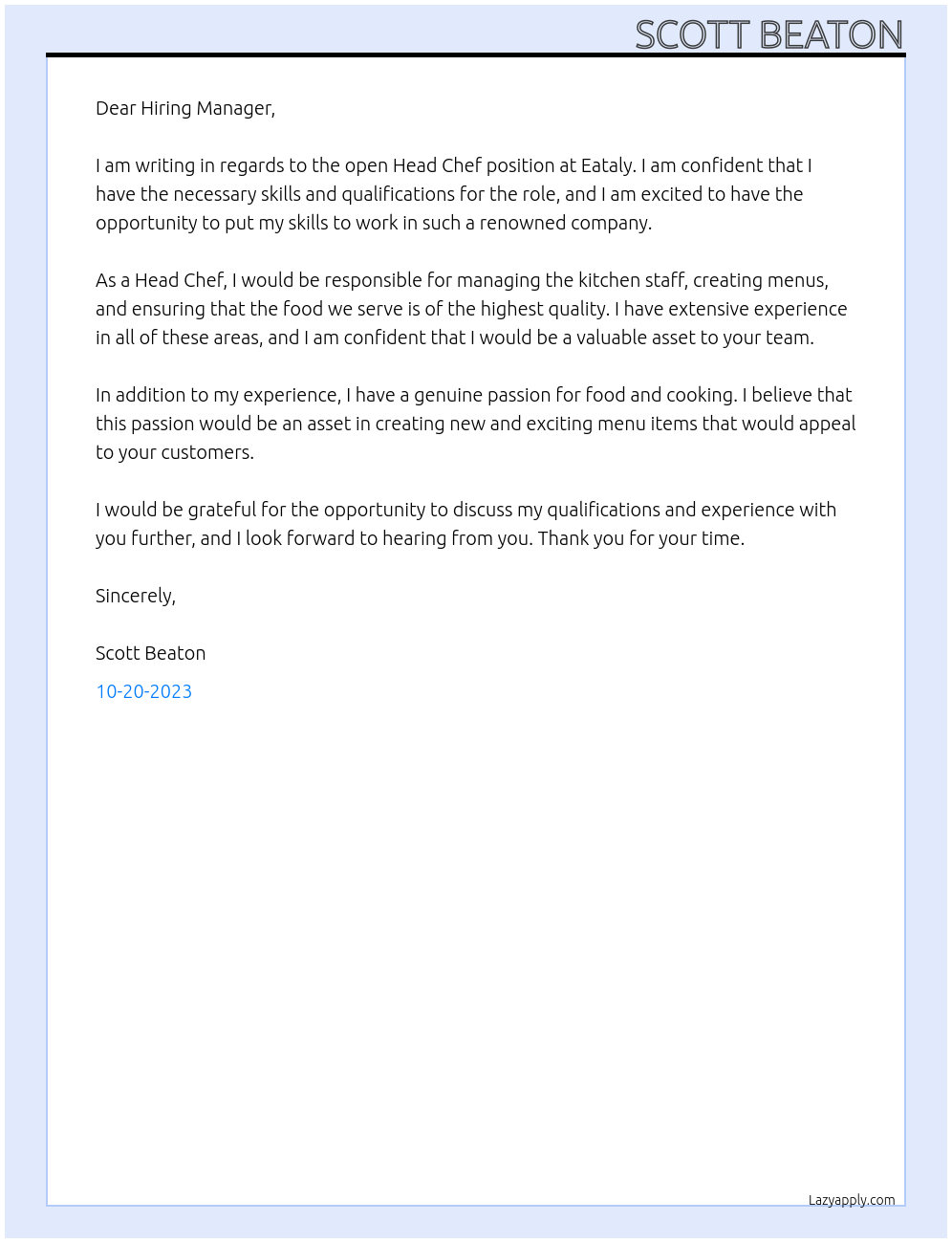 Head Chef At Eataly Cover Letter