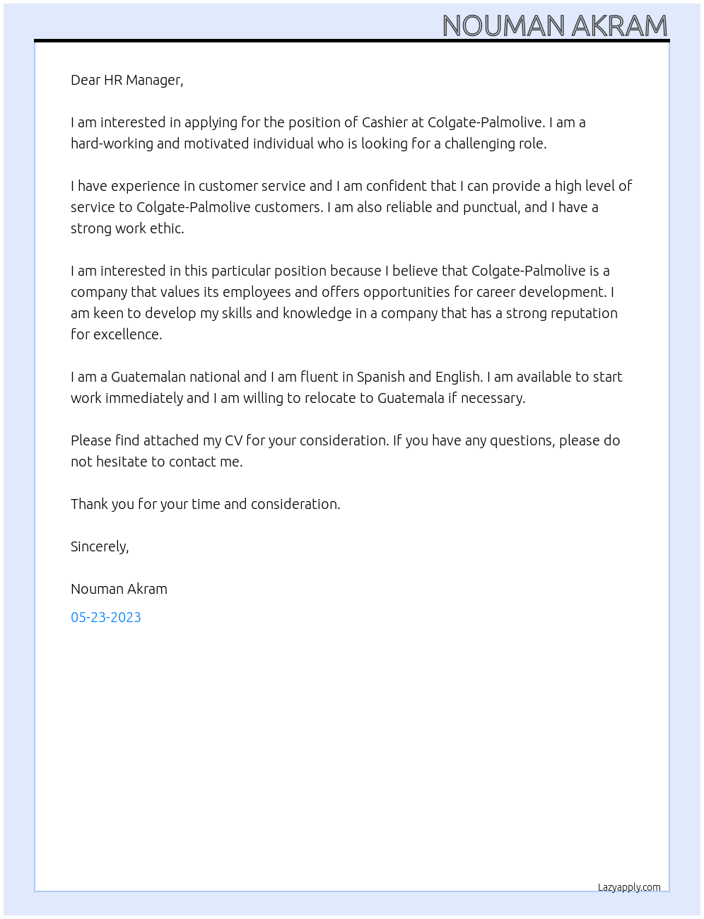 Cashier At Colgate-Palmolive Cover Letter