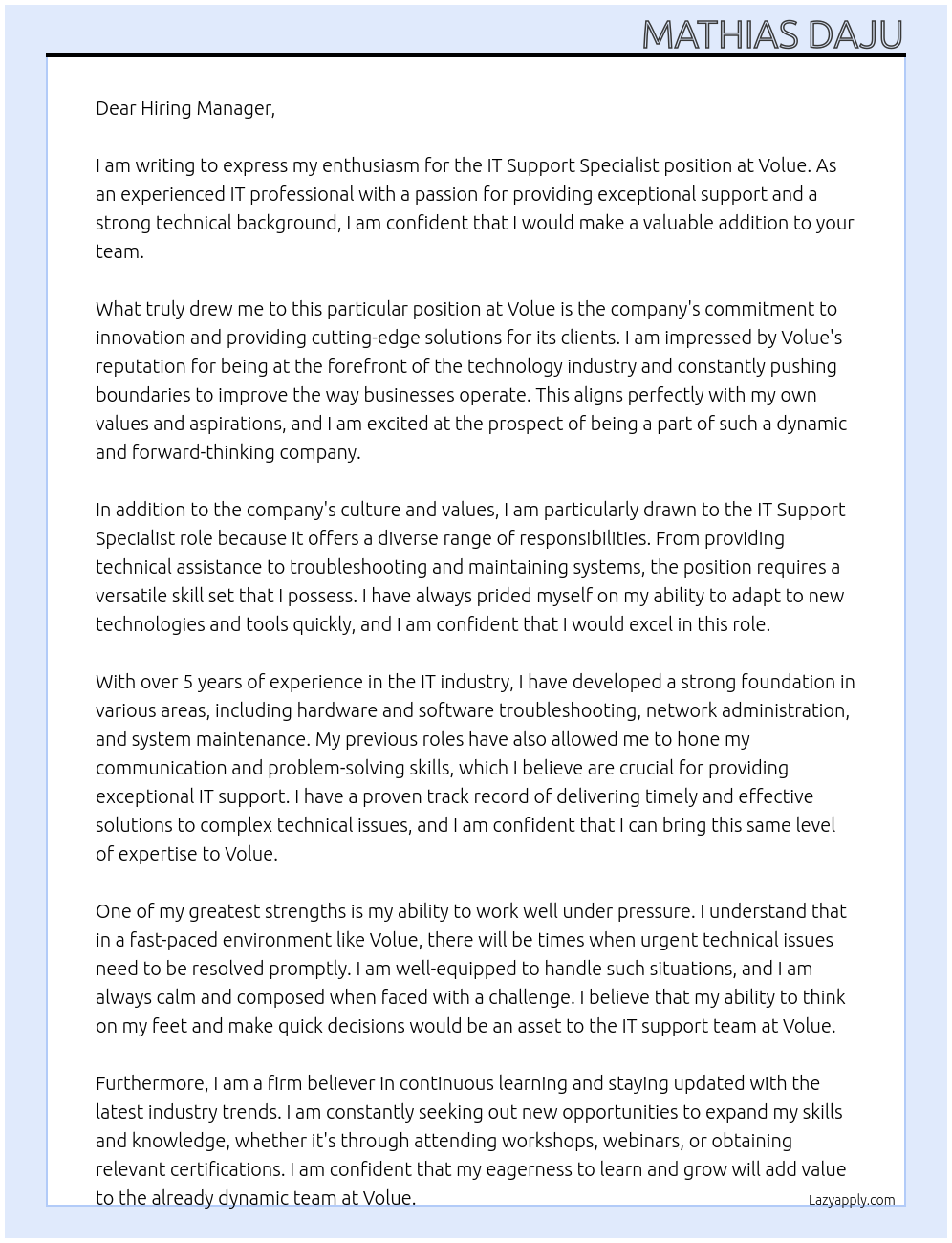 IT Support Specialist At Volue Cover Letter