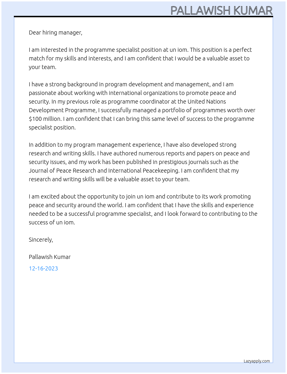 programme specialist  At un iom Cover Letter