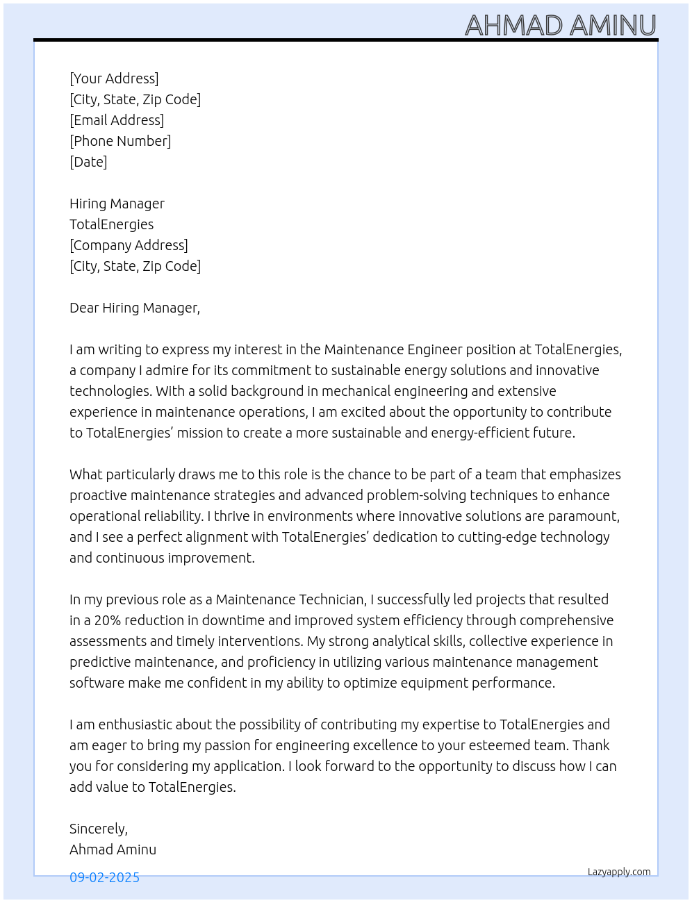 Cover letter for maintenance engineer - LazyApply