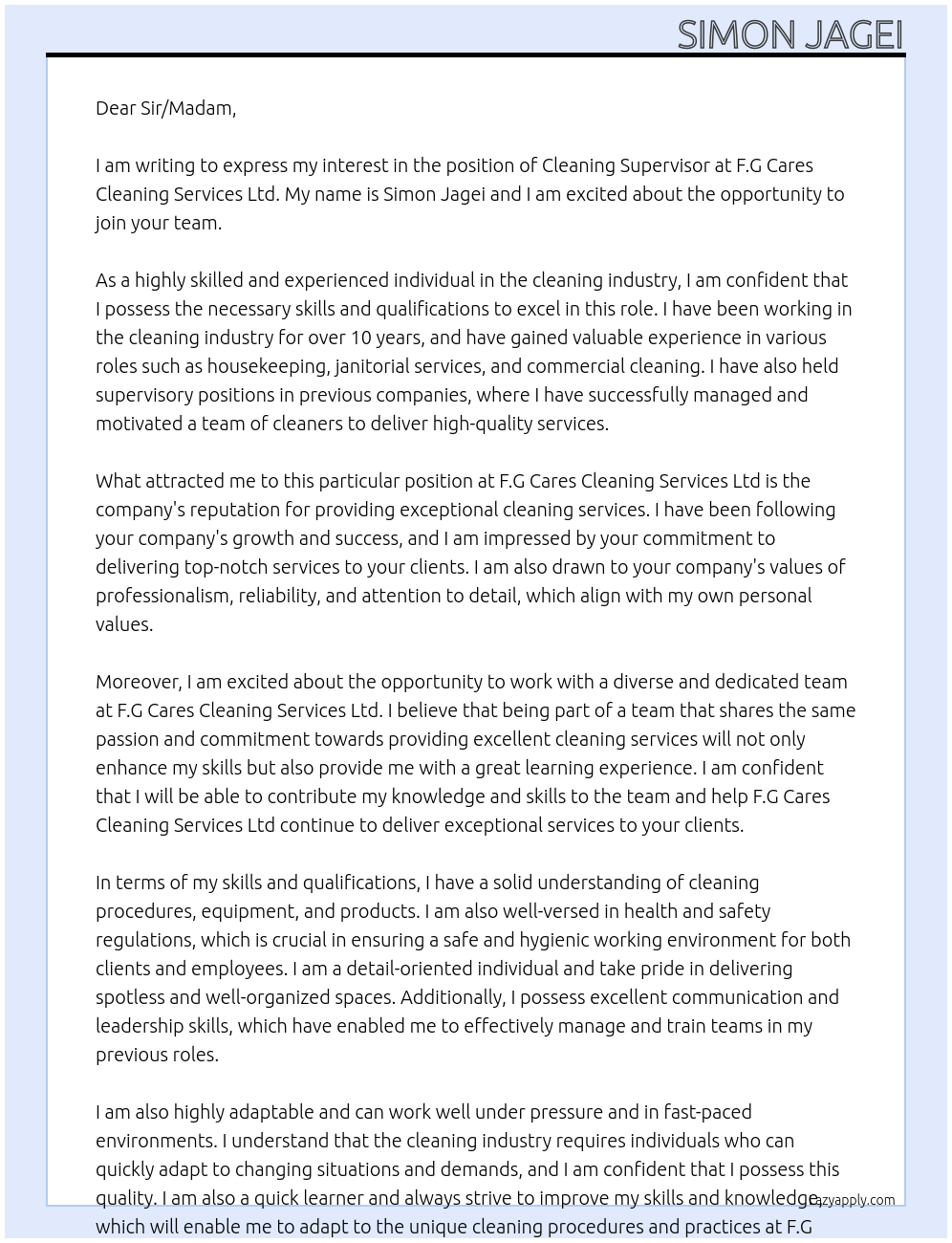 cleaning supervisor At F.G Cares Cleaning Services Ltd Cover Letter