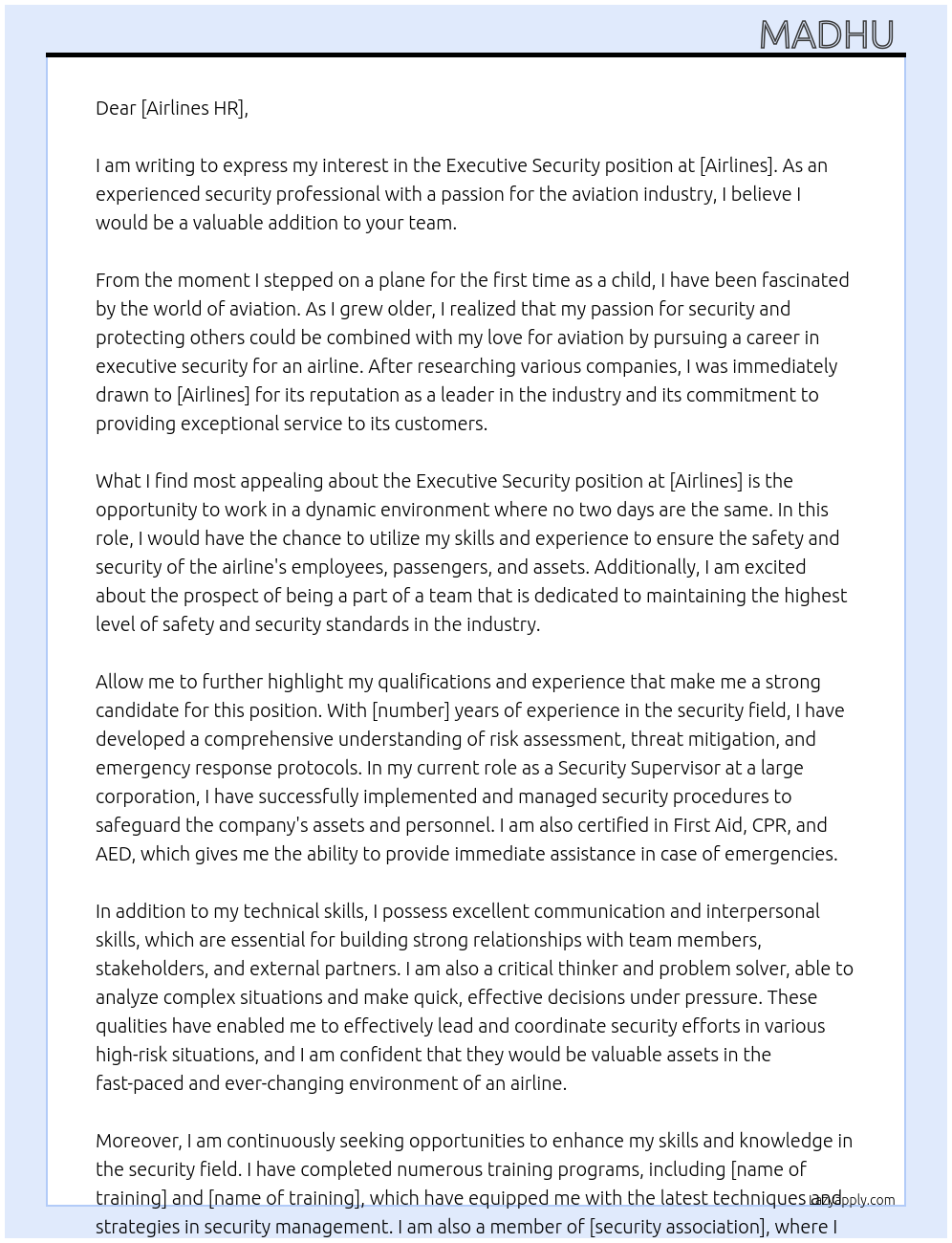 executive security At airlines Cover Letter