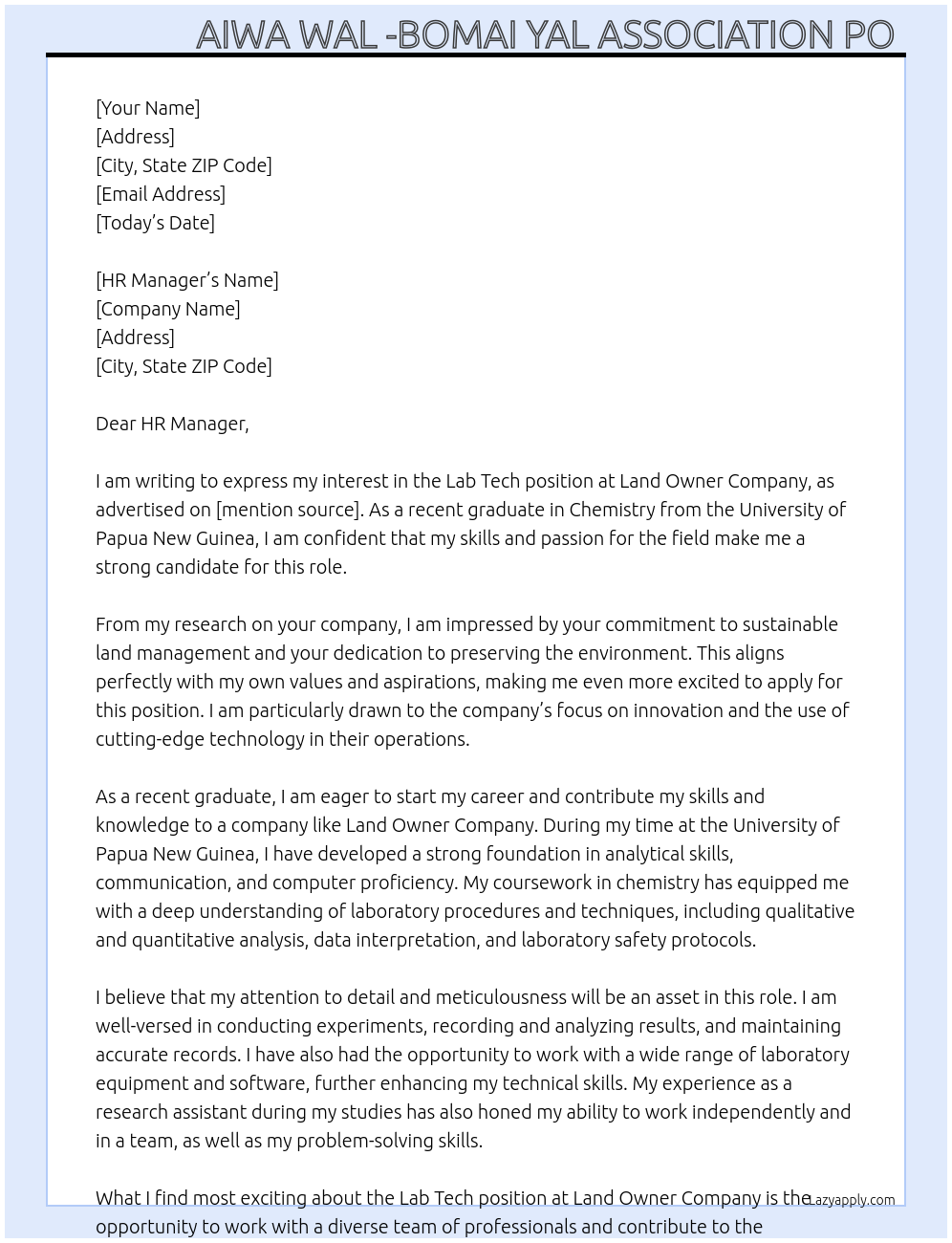 Lab  tech  At Land owner company  Cover Letter