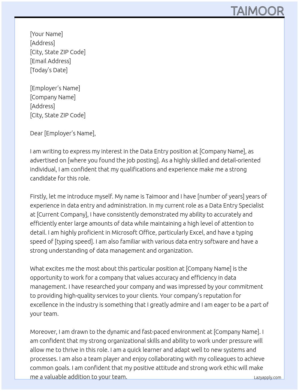 data entery At etc Cover Letter