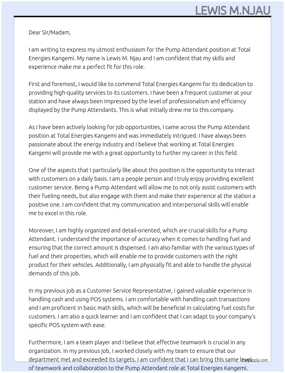 Pump Attendant  At Total Energies Kangemi  Cover Letter