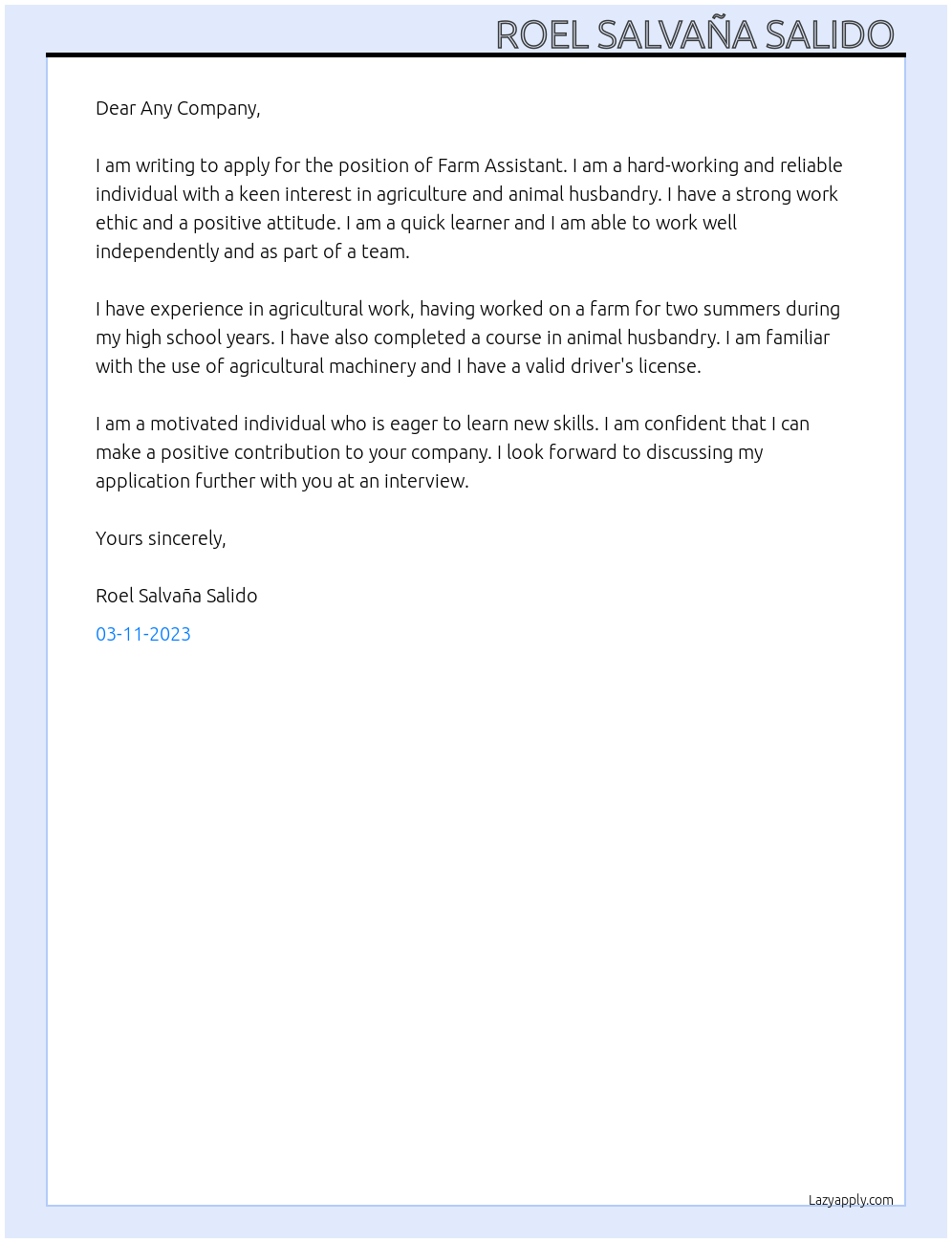 Farm Assistant At Any Company Cover Letter