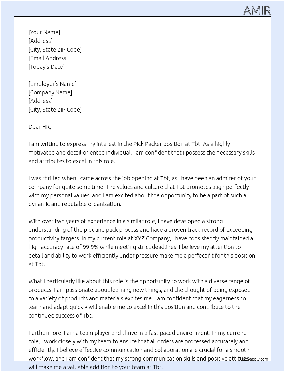 Pick packer At Tbt Cover Letter