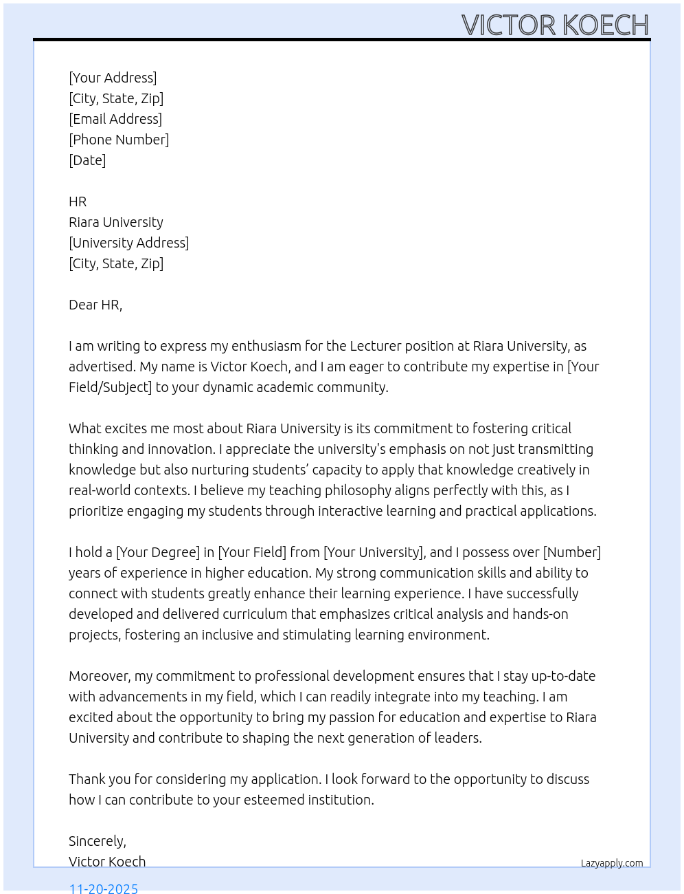 LECTURER At RIARA UNIVERSITY Cover Letter