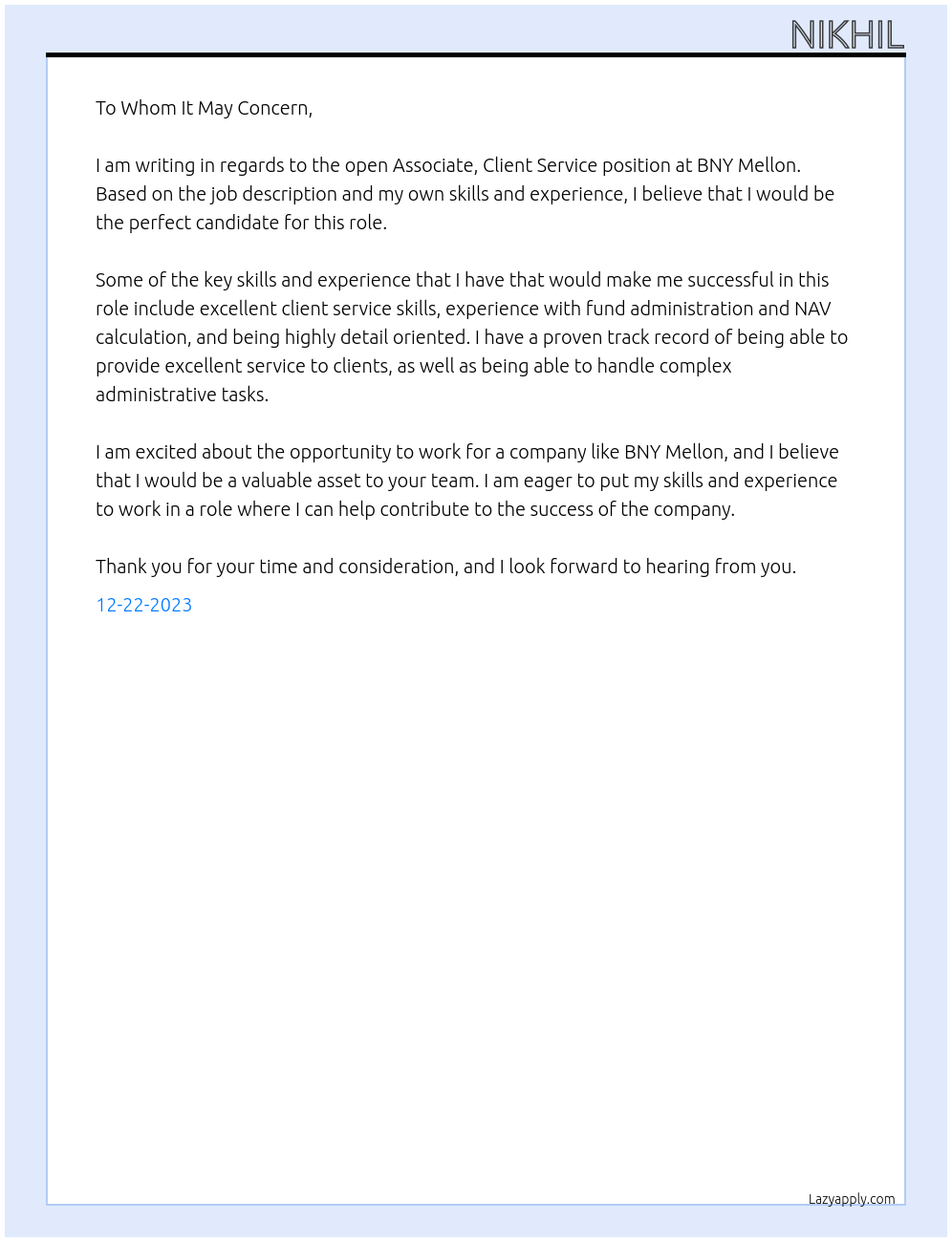 Associate, Client Service  At BNY Mellon  Cover Letter