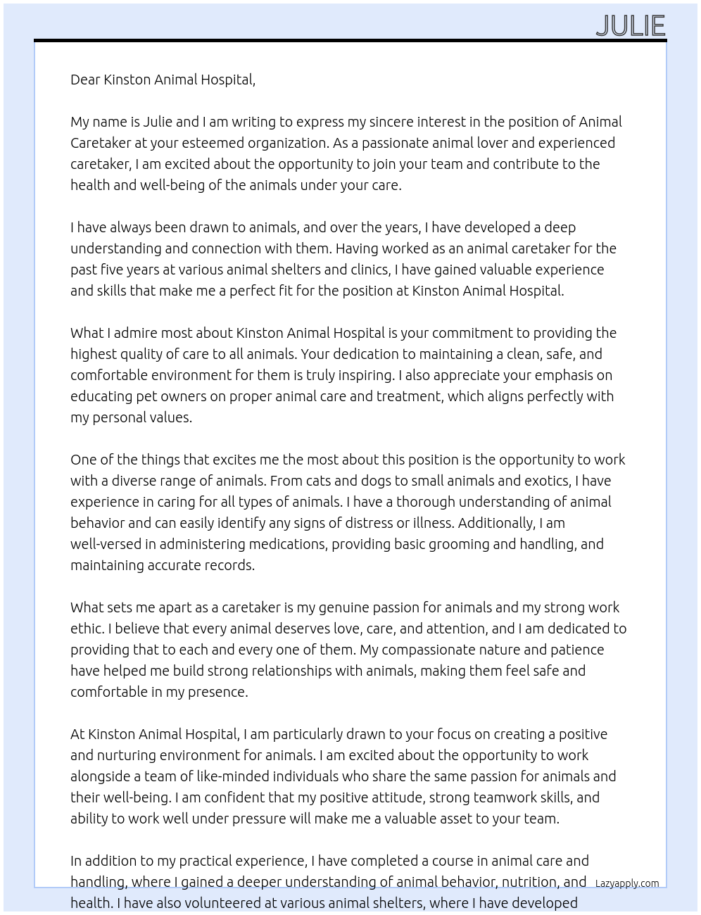 Animal caretaker At Kinston Animal hospital Cover Letter