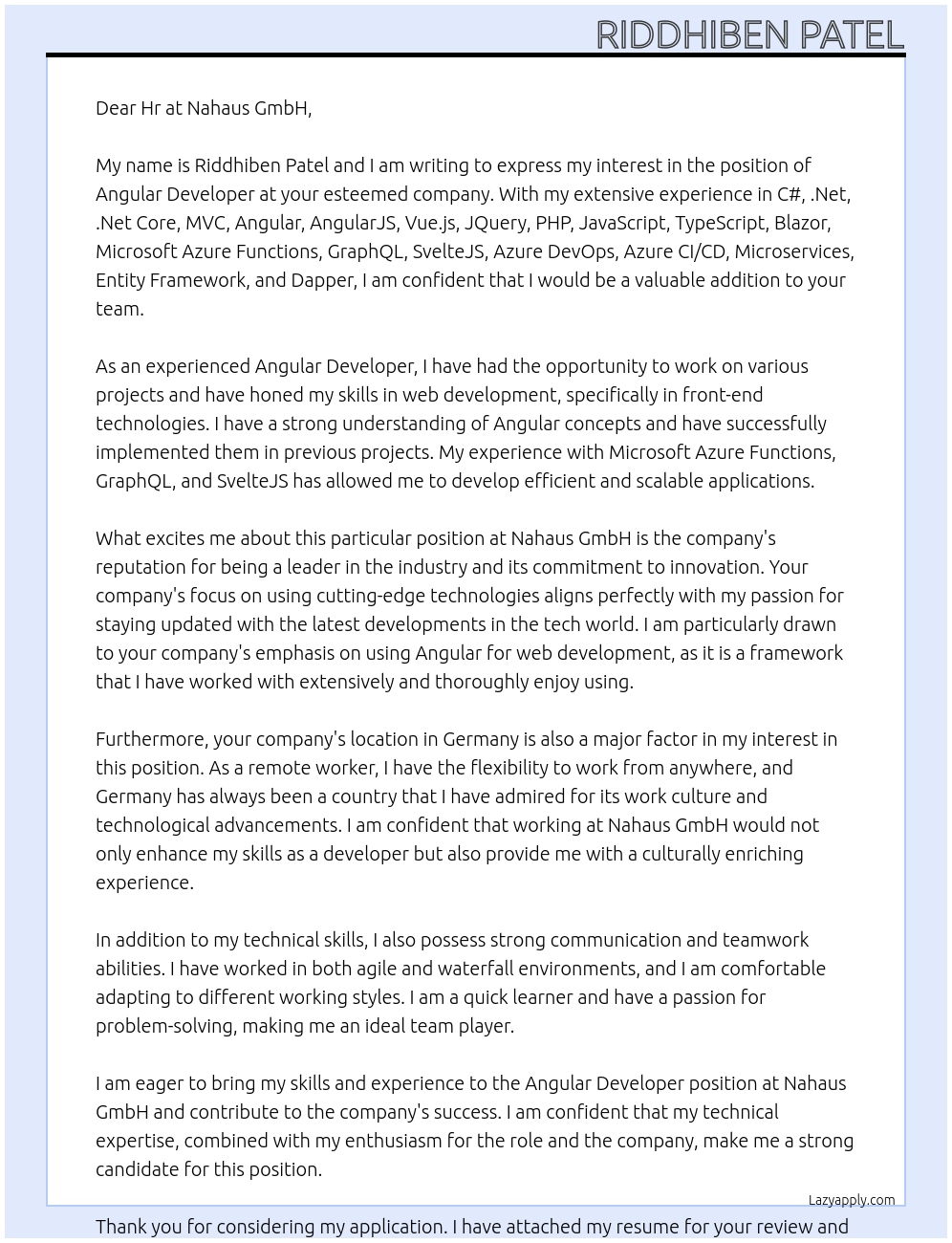 ANGULAR DEVELOPER At Nahaus GmbH Cover Letter