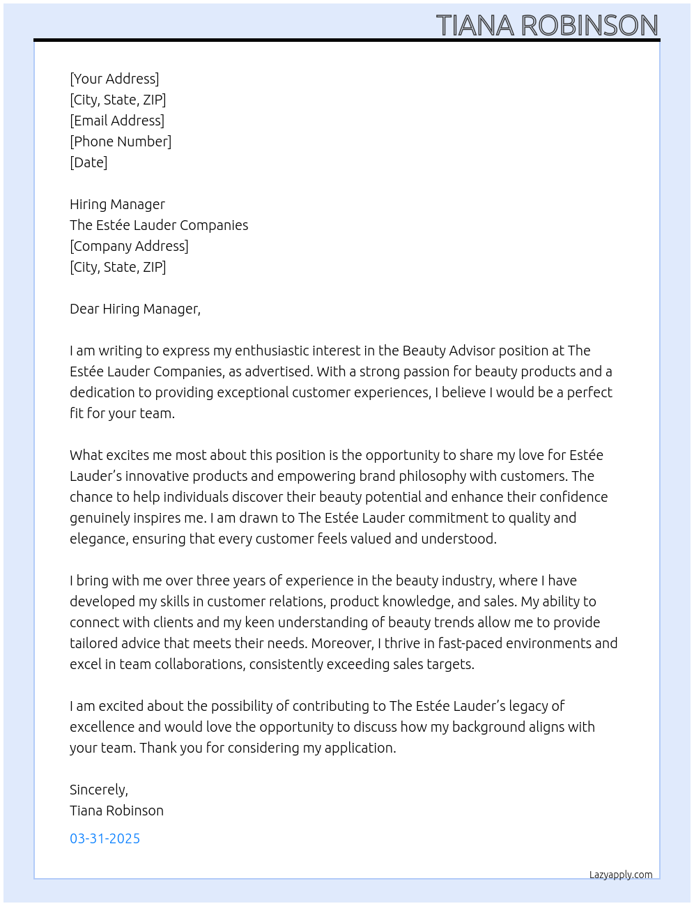 Beauty Advisor At The Estée Lauder Cover Letter