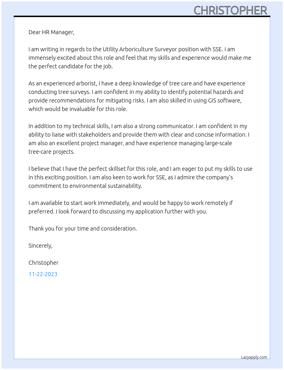 Utility Arboriculture Surveyor At SSE Cover Letter