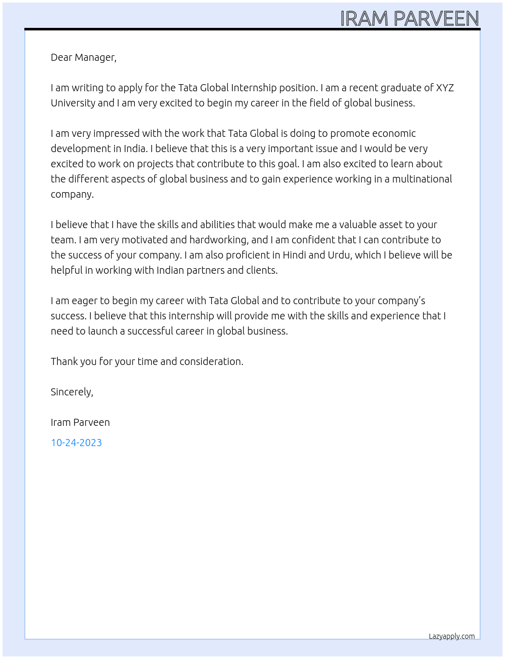 Tata Global Internship At Tata Global India Cover Letter