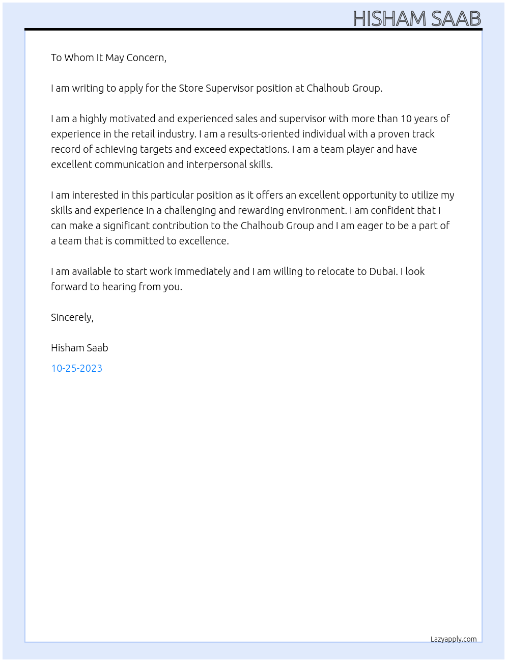 Store supervisor At Chalhoub group Cover Letter