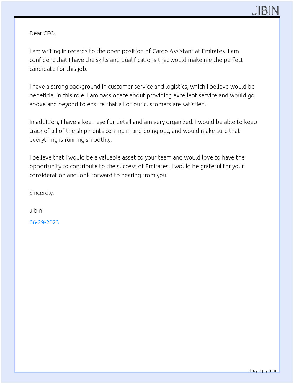 Cargo assistant  At Emirates Cover Letter