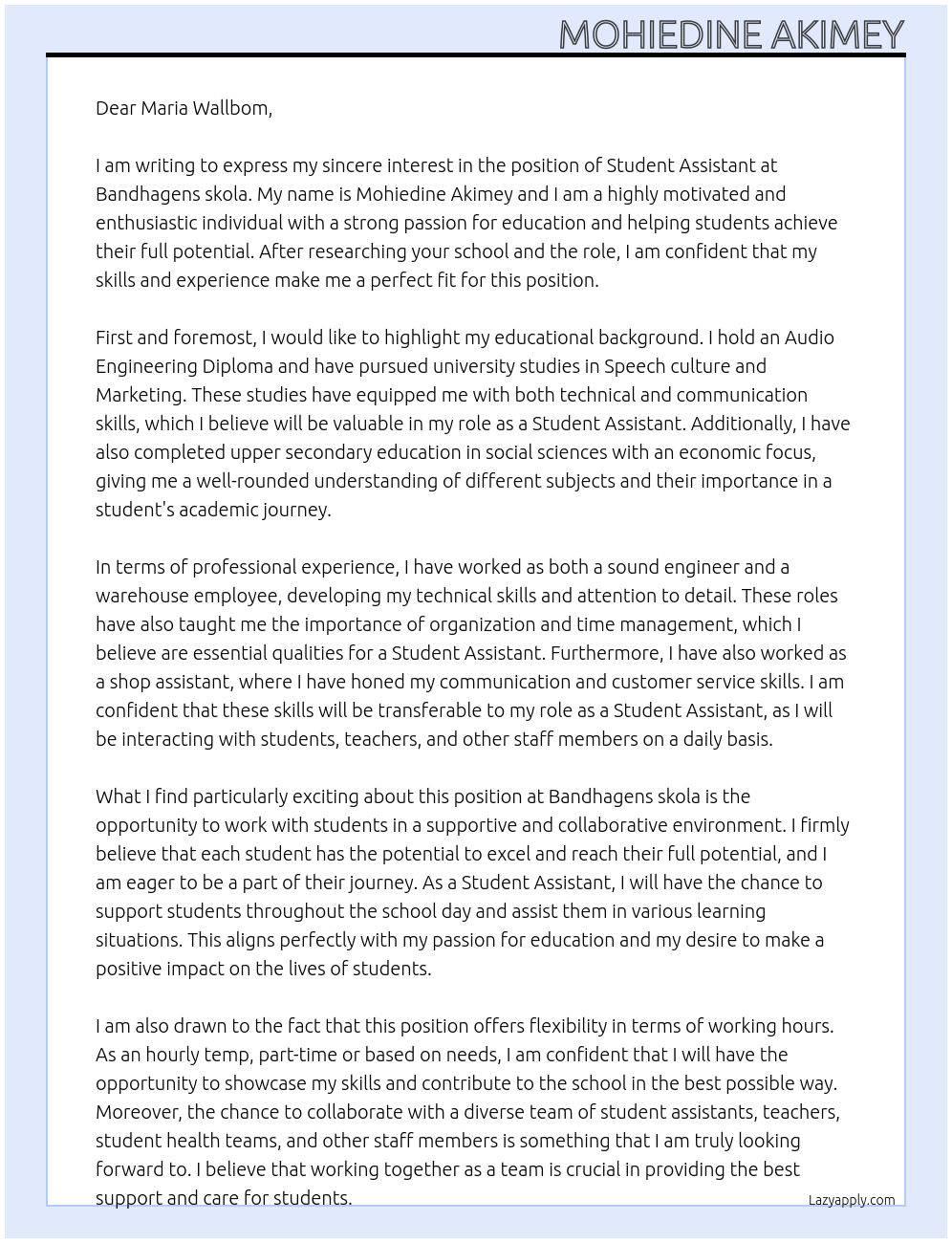 Student assistant At Bandhagens skola Cover Letter