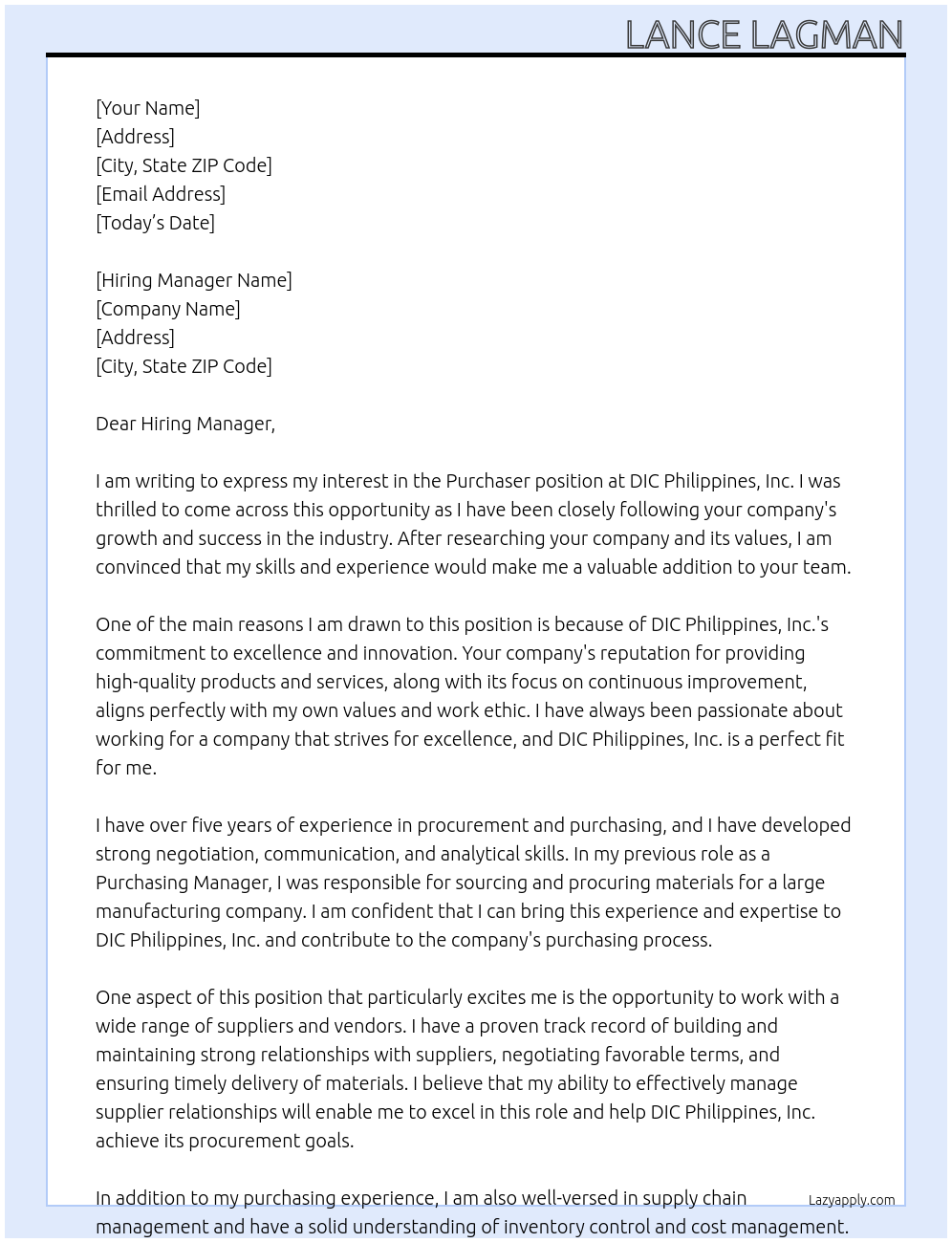 Purchaser At DIC Philippines, Inc. Cover Letter