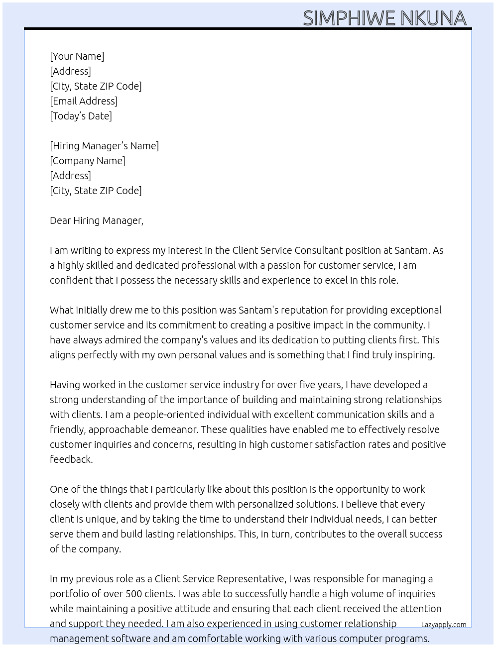 Client Service Consultant  At Santam  Cover Letter