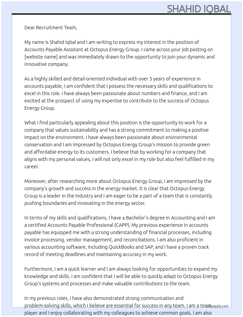Accounts Payable Assistant At Octopus Energy Group Cover Letter