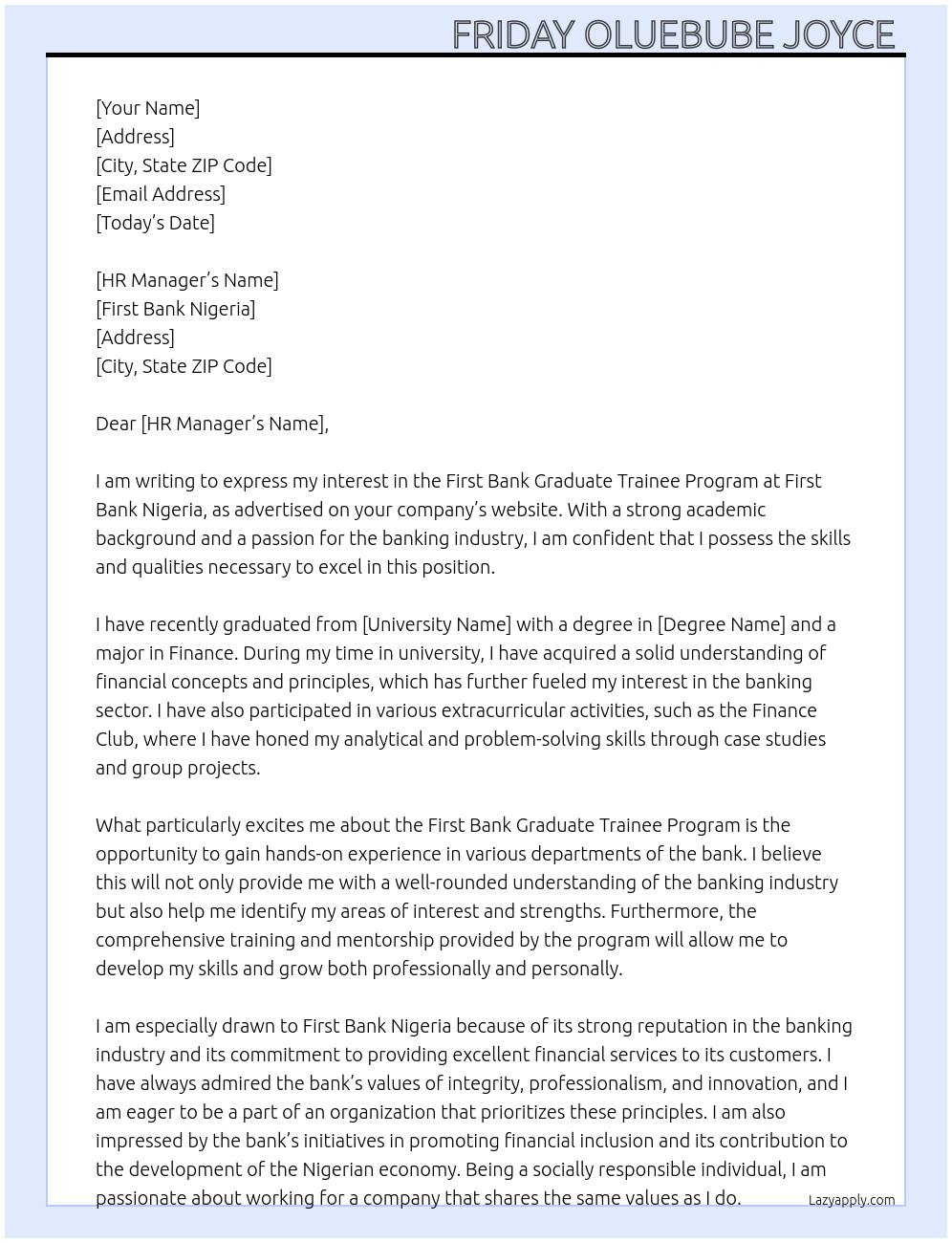 First bank Graduate trainee program  At First bank Nigeria  Cover Letter