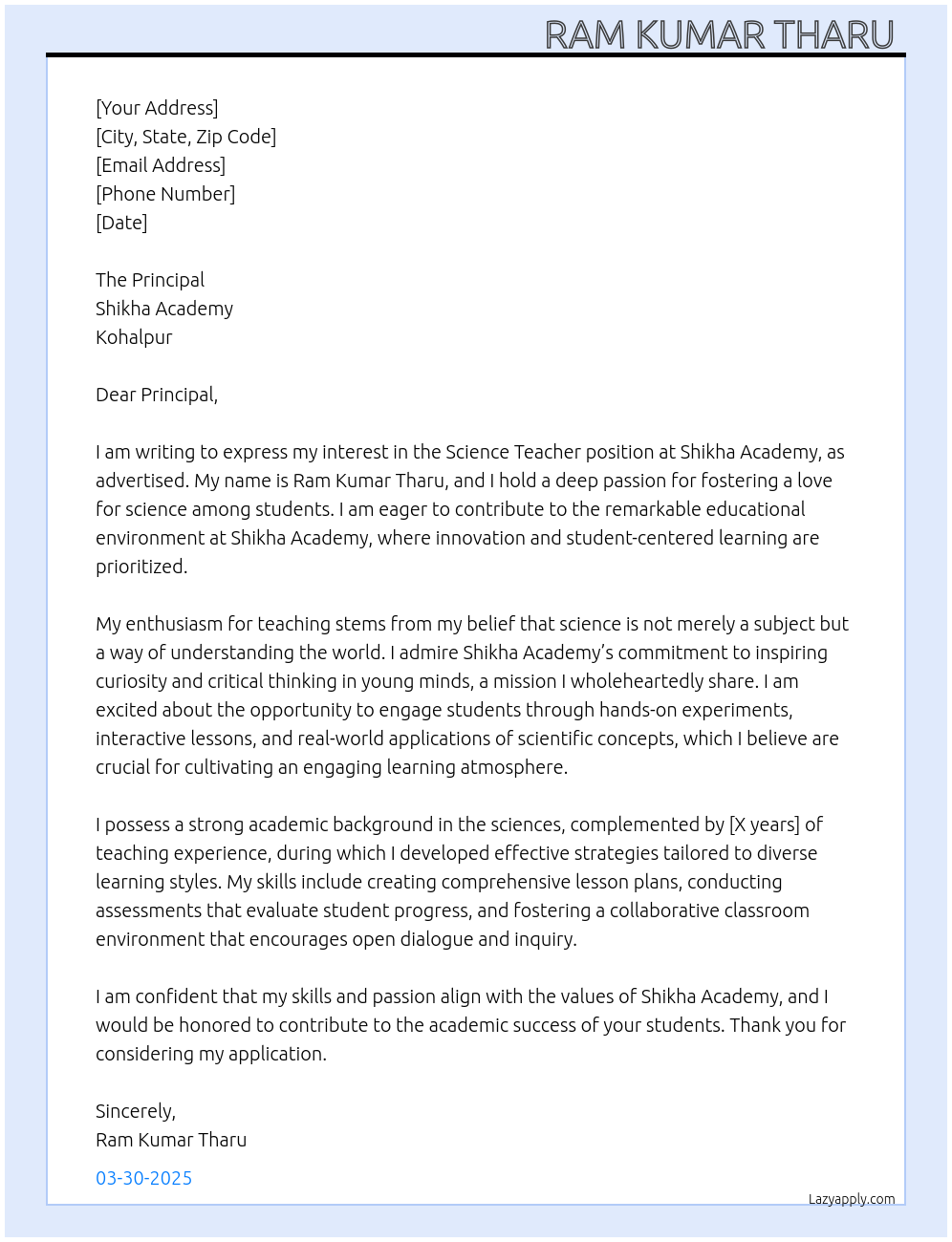 Science teacher At Shikha Academy kohalpur Cover Letter