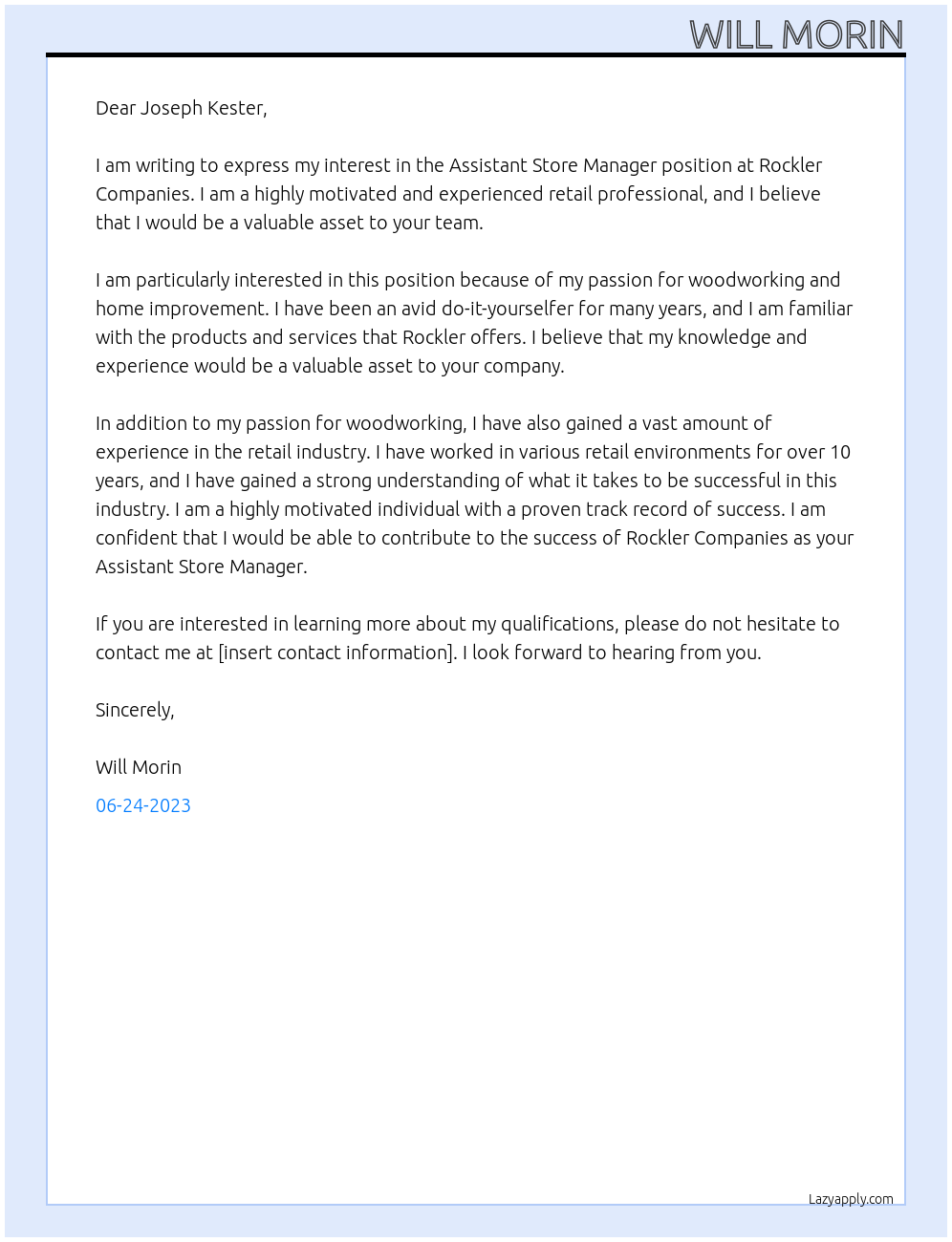 Assistant Store Manager At Rockler Companies Cover Letter