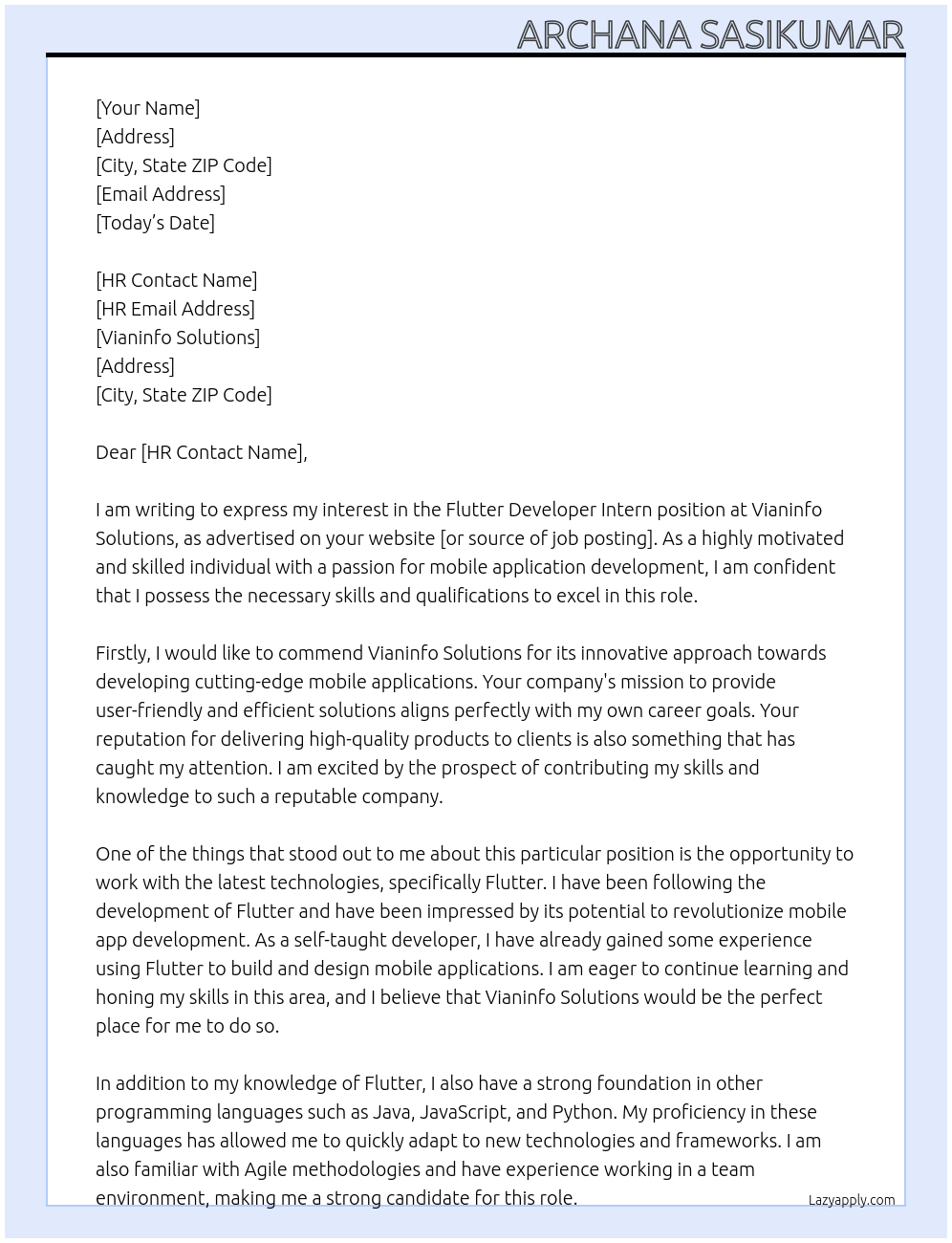 flutter developer intern At vianinfo solutions Cover Letter