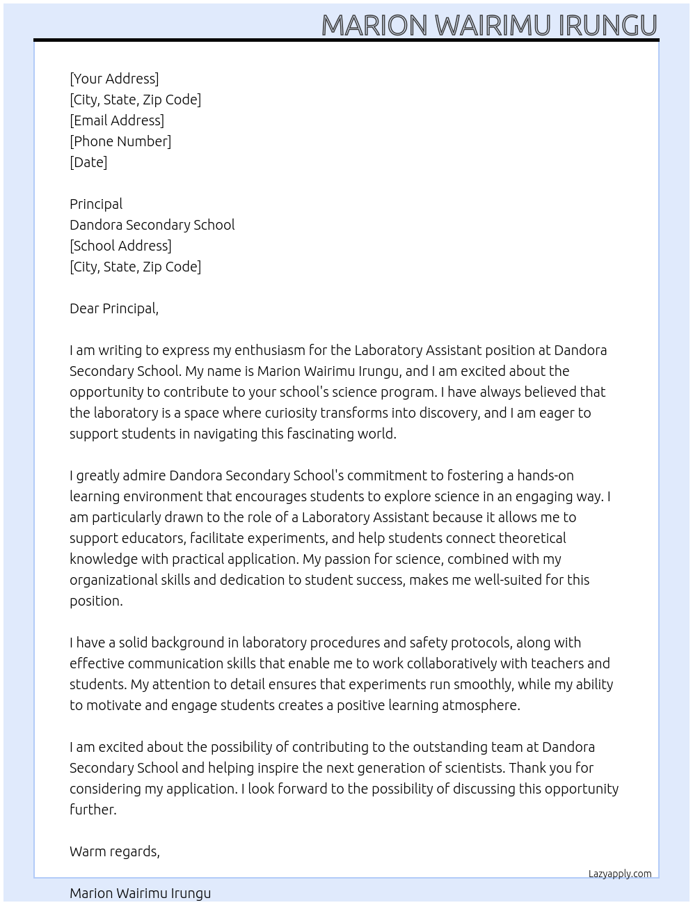 laboratory assistant At Dandora Secondary School Cover Letter