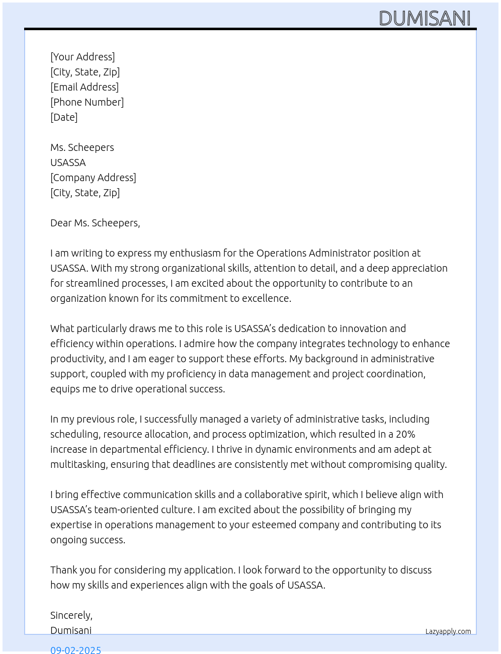 operations administrator At usassa Cover Letter