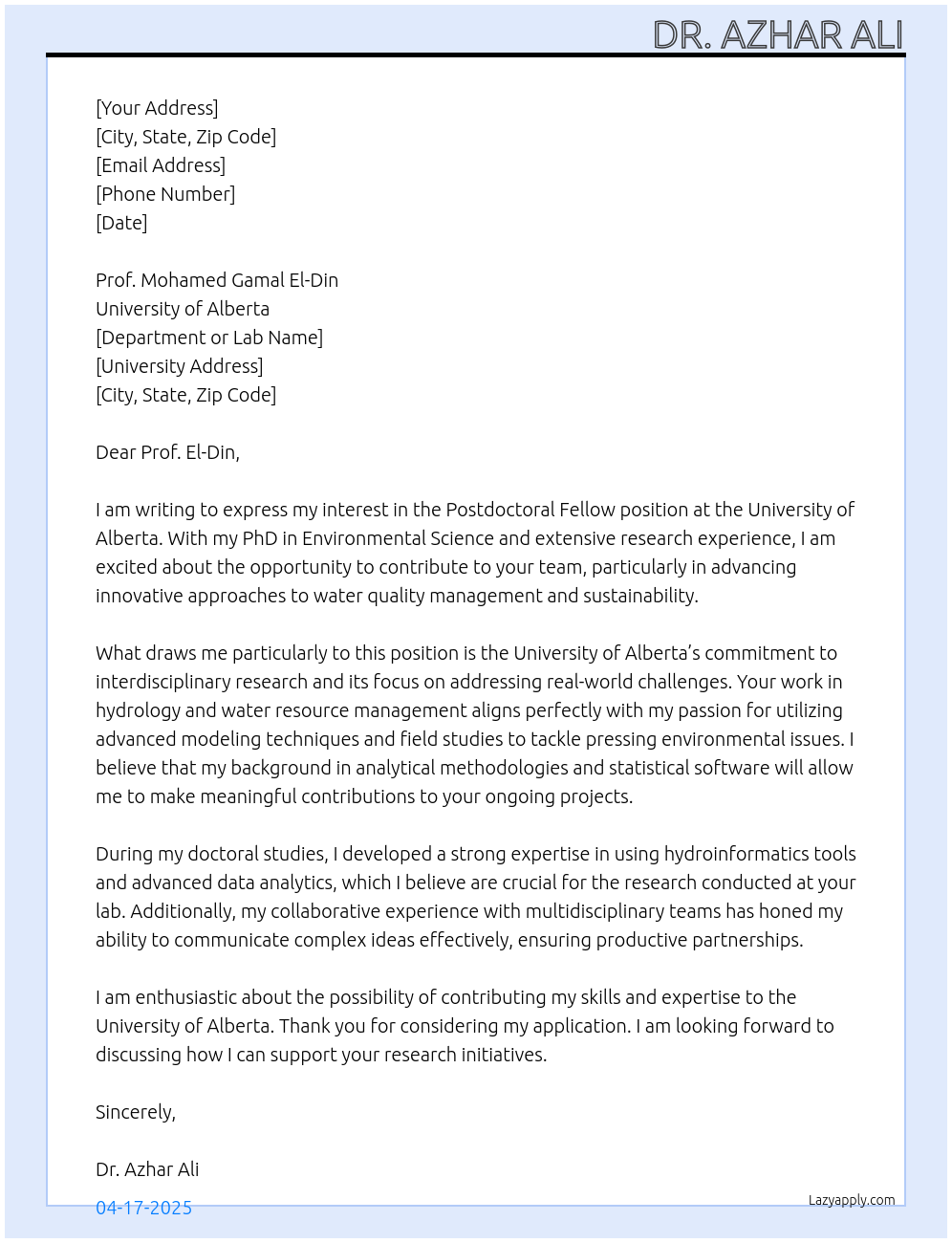 Postdoctoral Fellow Position At University of Alberta Cover Letter