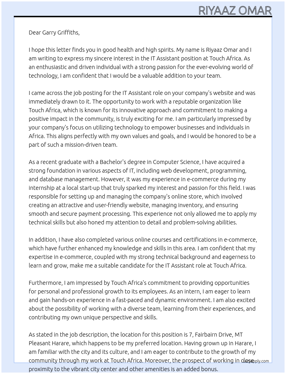 IT assistant At Touch Africa Cover Letter