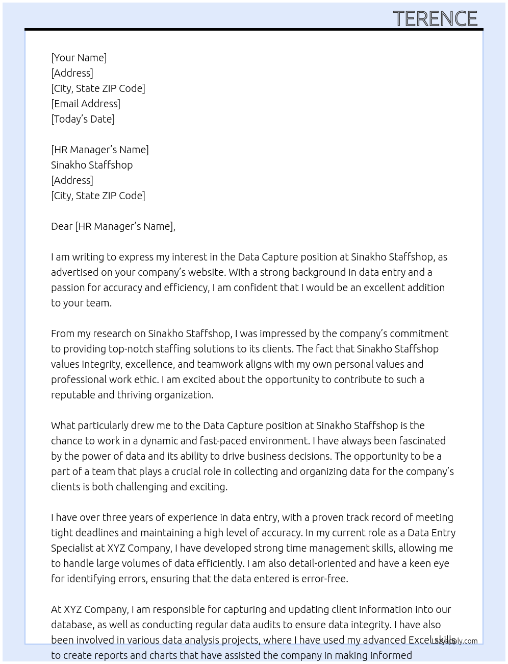 Data capture At Sinakho Staffshop Cover Letter