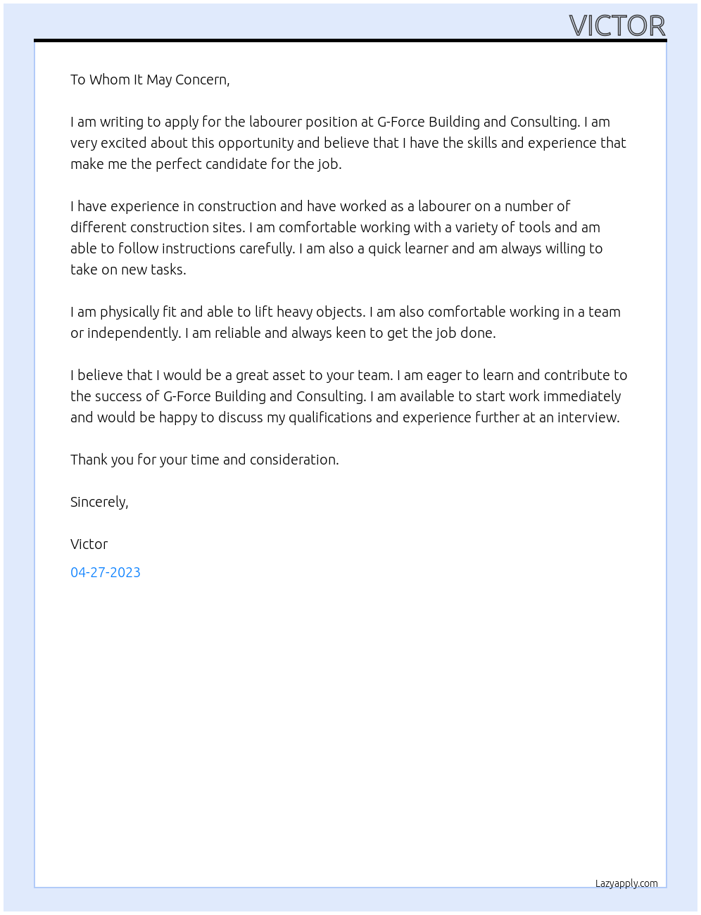 Labourer At G-Force Building and Consulting Cover Letter
