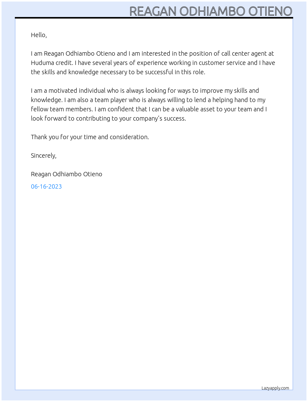 Call center agent At Huduma credit Cover Letter