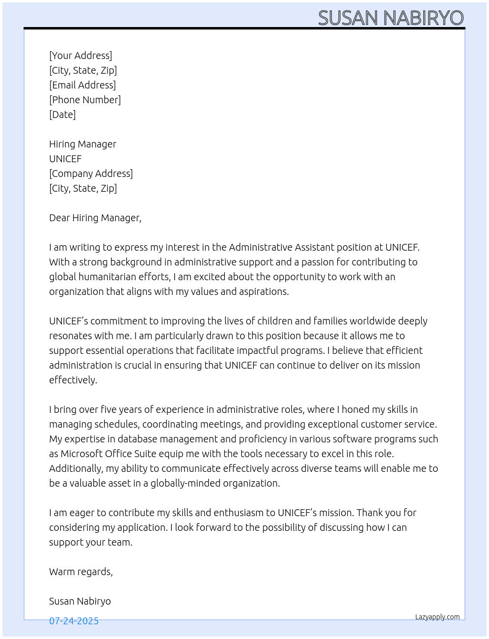 Administrative assistant At UNICEF Cover Letter