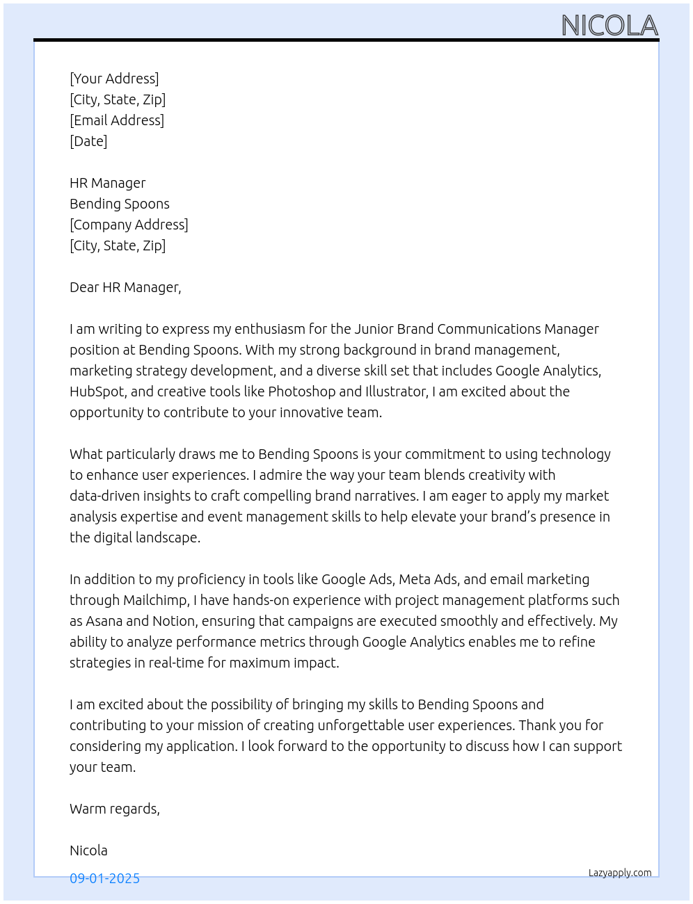 Junior brand communications manager At Bending Spoons Cover Letter