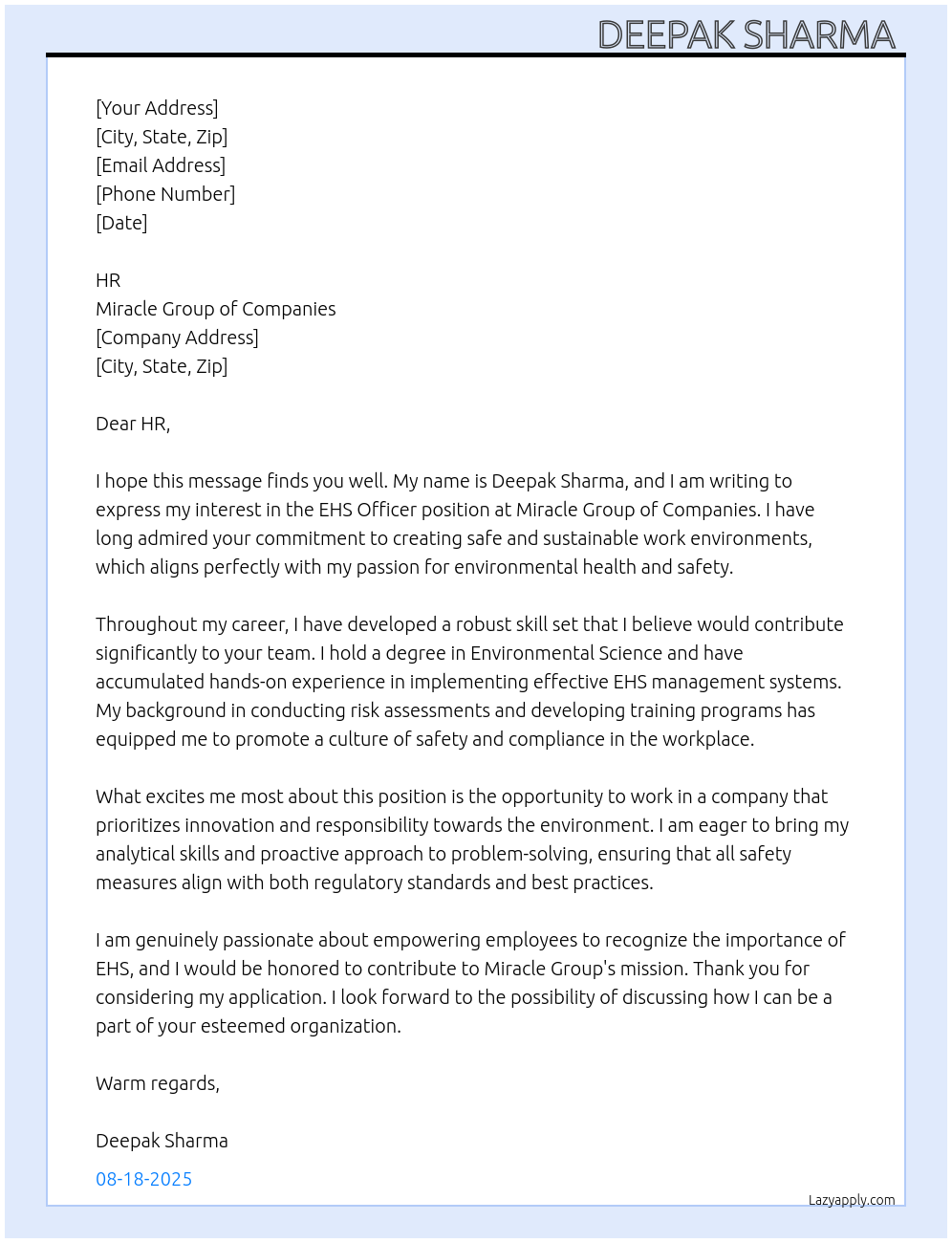 EHS officer At Miracle  group of company  Cover Letter