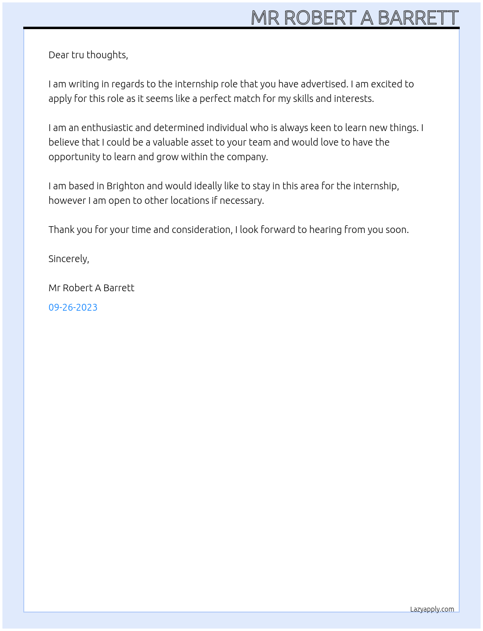 intership At tru thoughts Cover Letter