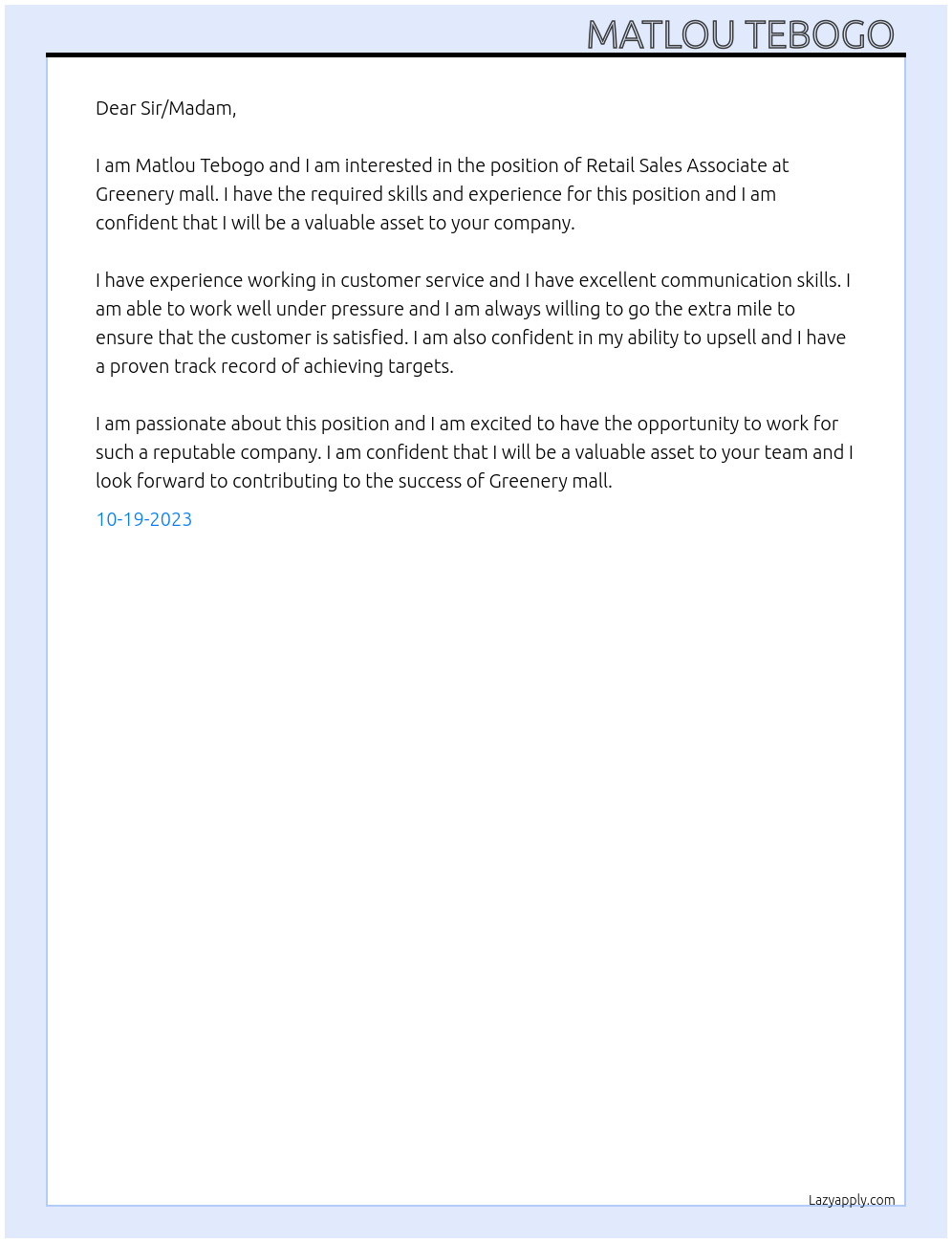 Retail sales associate  At Greenery mall  Cover Letter