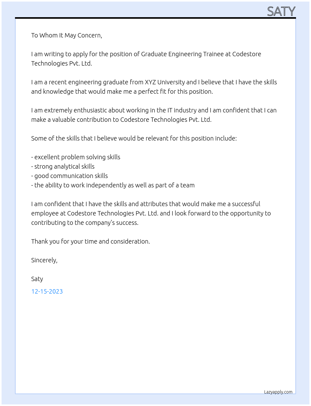 Graduate Engineering Trainee At Codestore Technologies Pvt. Ltd Cover Letter