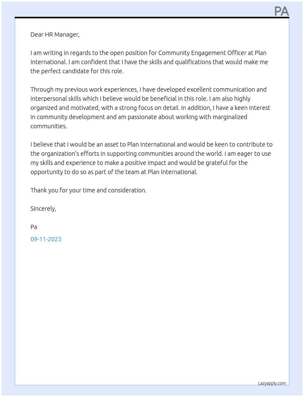 Community Engagement Officer  At plan international Cover Letter