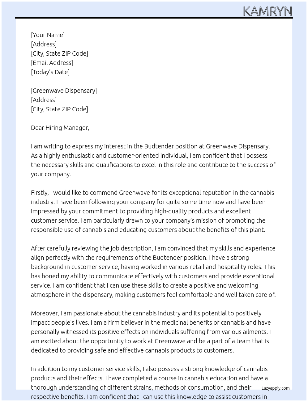 Budtender At Greenwave Cover Letter