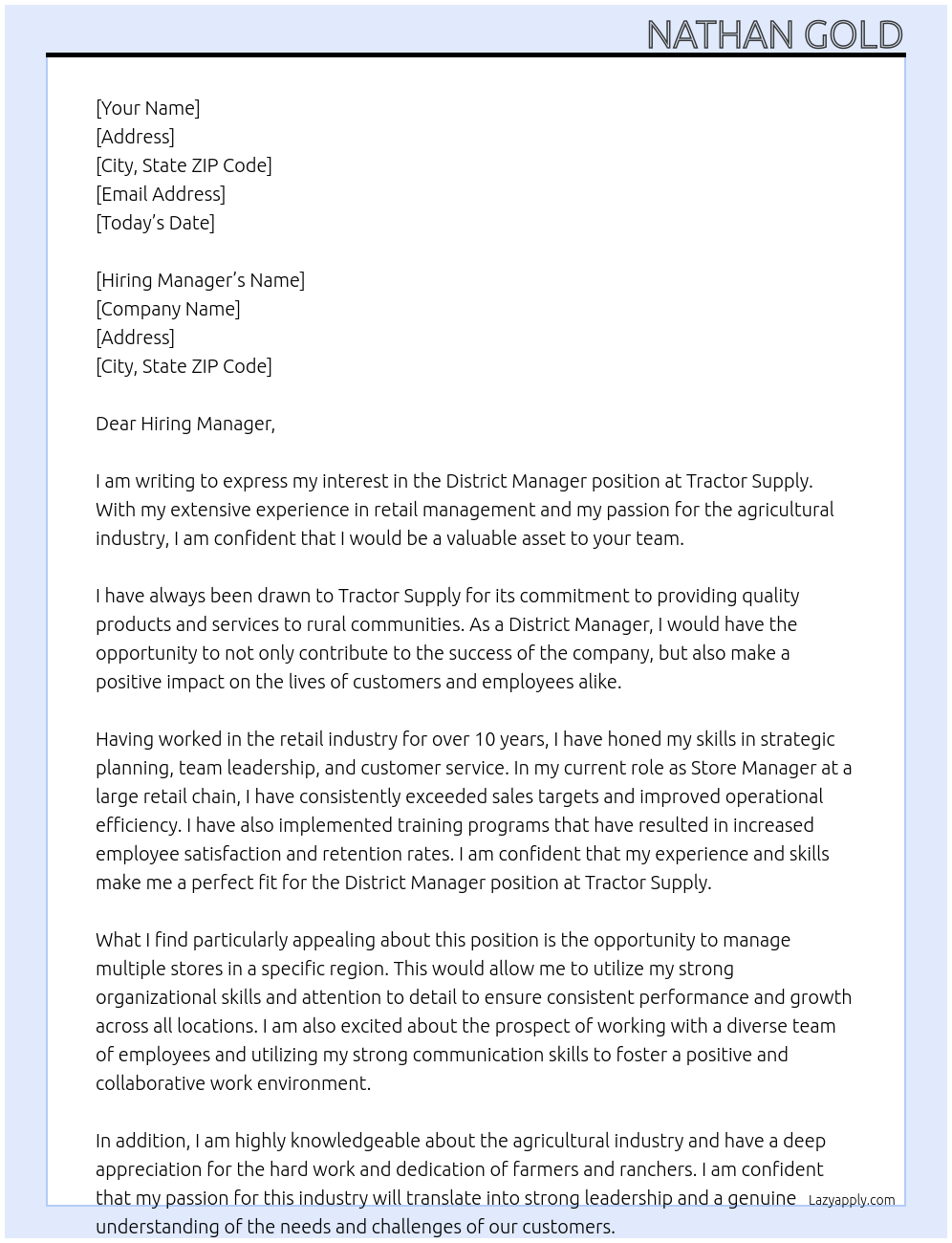 District Manager At Tractor Supply Cover Letter