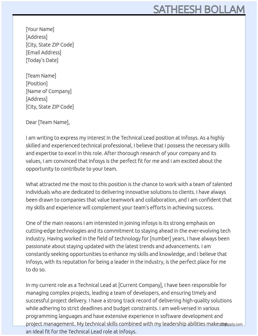 Technical lead At Infosys Cover Letter