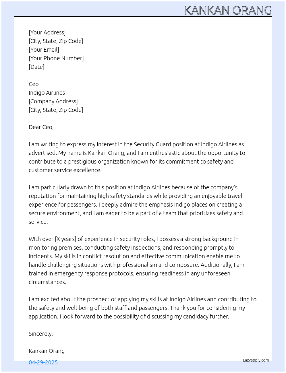 Security guard At Indigo Airlines Cover Letter