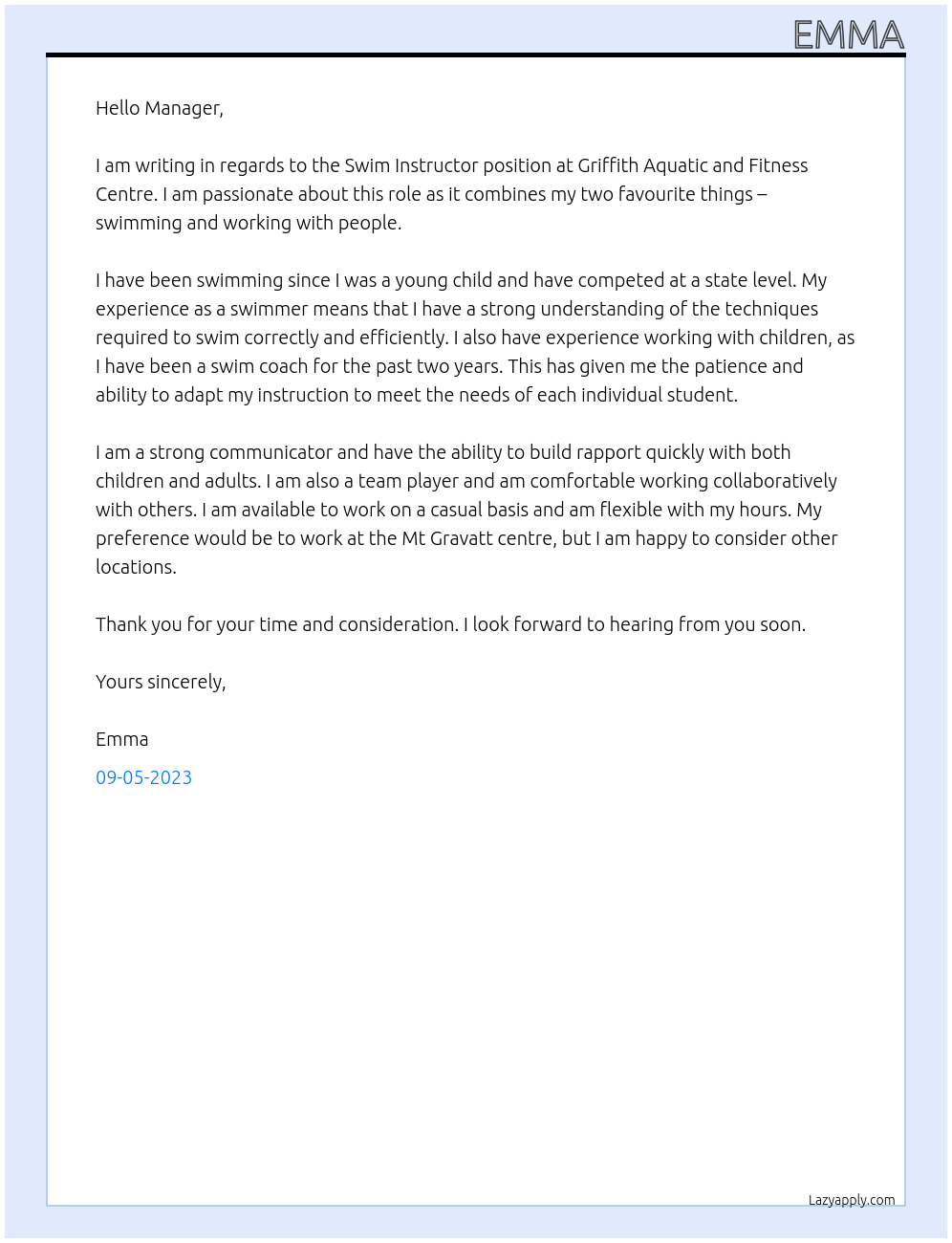 Swim Instructor  At Griffith Aquatic and Fitness Centre Cover Letter