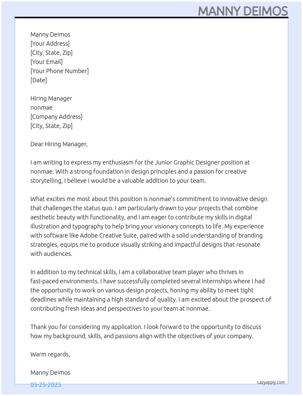 Cover letter for junior graphic designer - LazyApply